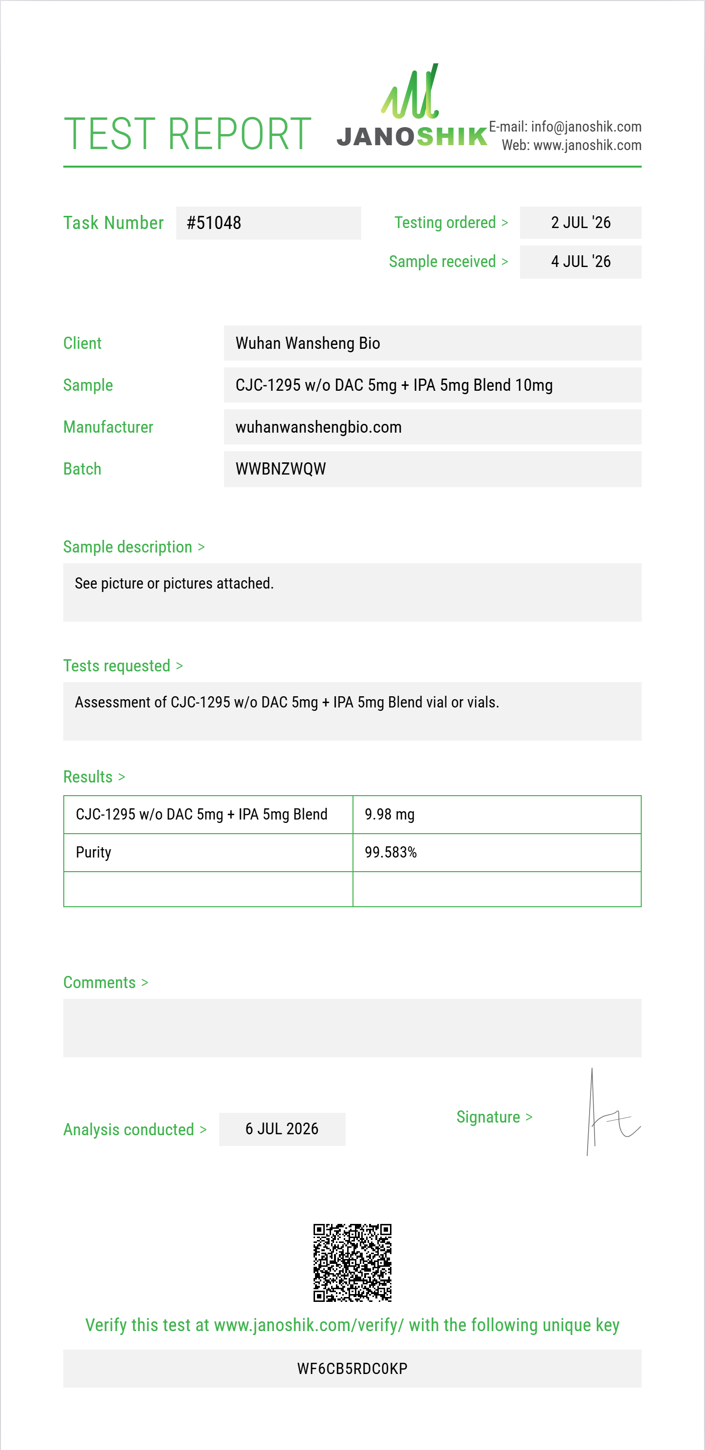 CJC-1295 w/o DAC 5mg + IPA 5mg Blend Purity (HPLC) report by Janoshik Analytical