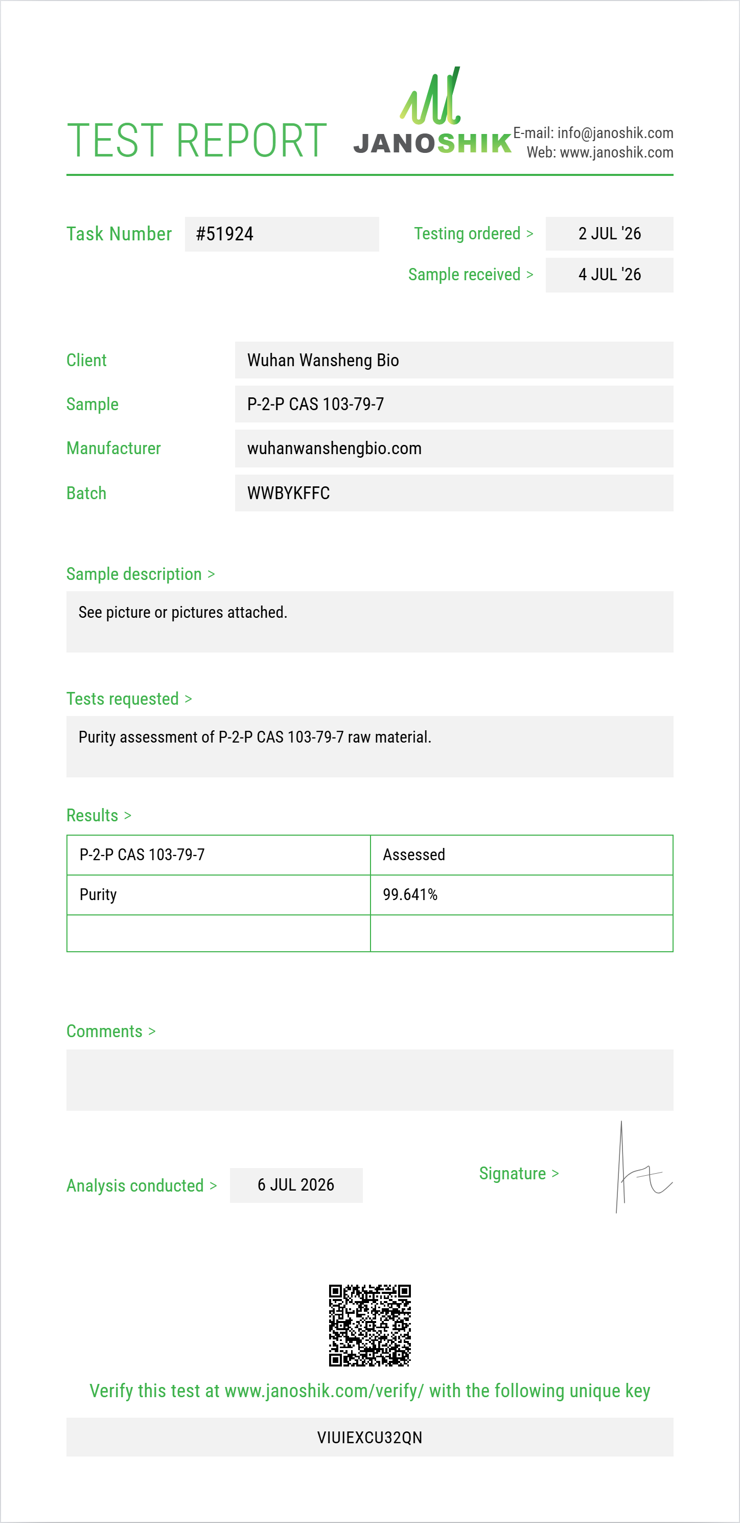 P-2-P (phenyl-2-propanone / BMK) CAS 103-79-7 Purity (HPLC) report by Janoshik Analytical