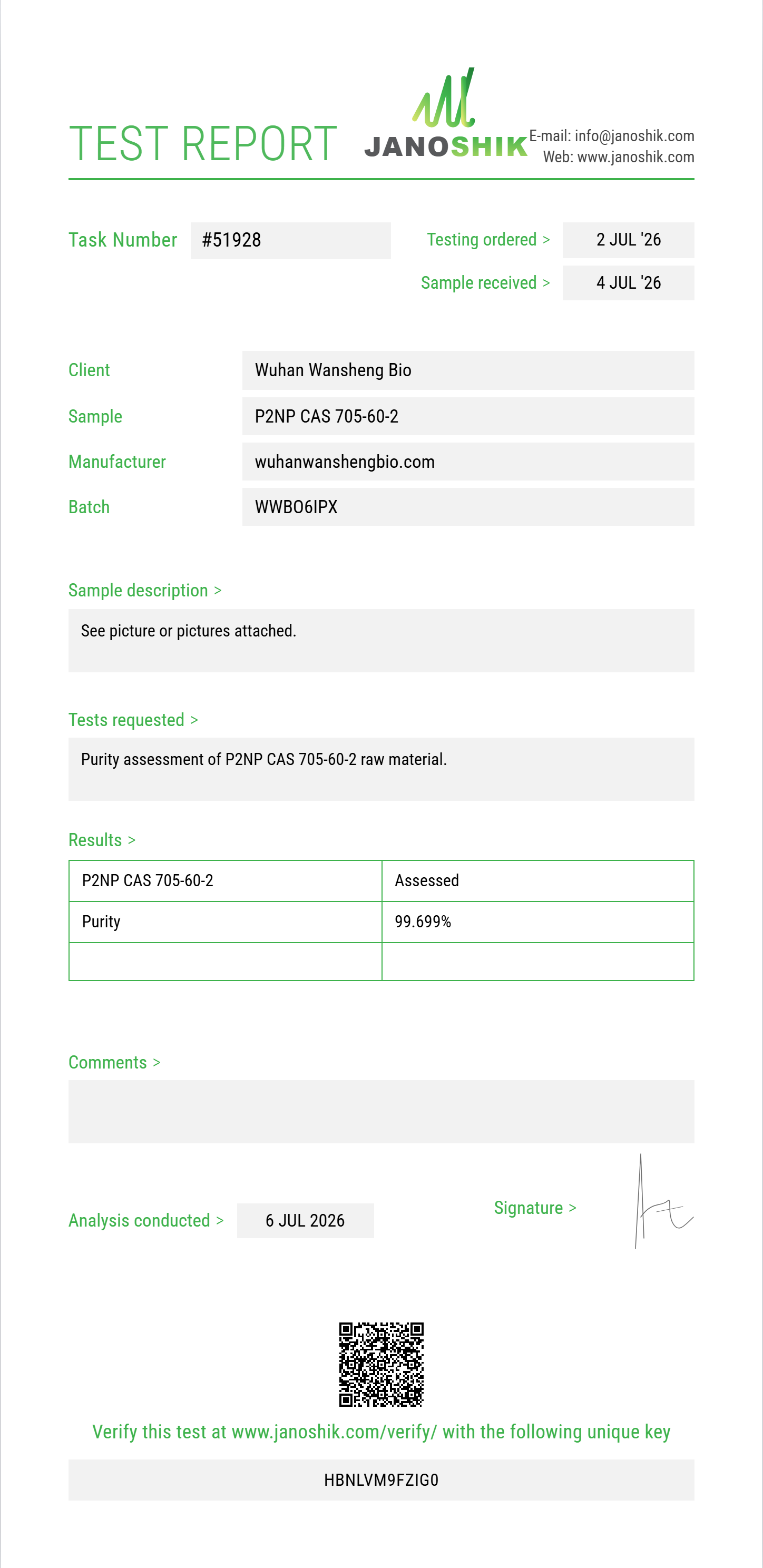 P2NP (1-phenyl-2-nitropropene) CAS 705-60-2 Purity (HPLC) report by Janoshik Analytical