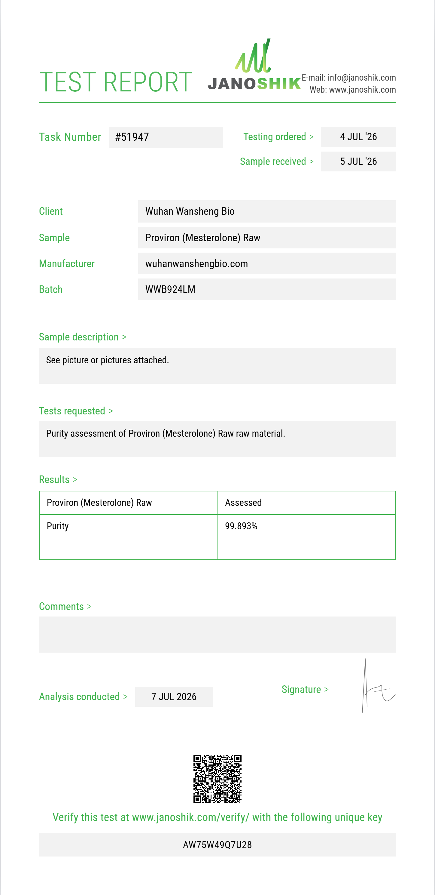 Proviron (Mesterolone) Raw Purity (HPLC) report by Janoshik Analytical