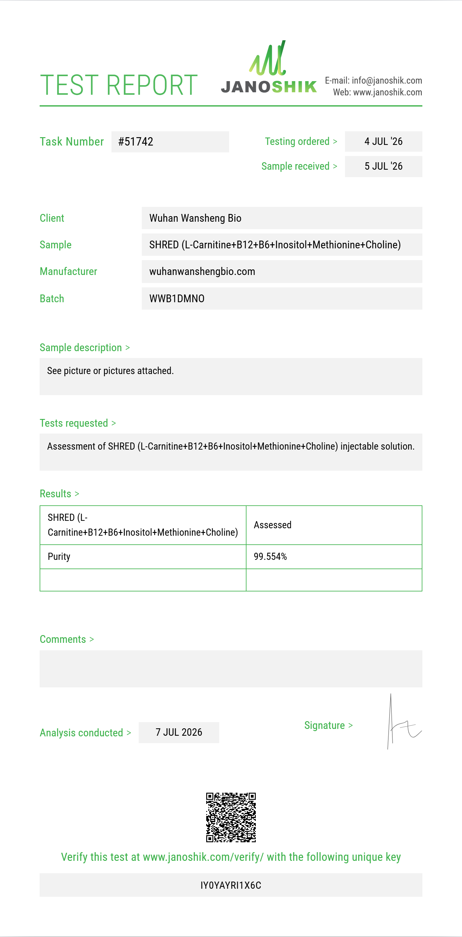 SHRED (L-Carnitine 200mg+B12+B6+Inositol+Methionine+Choline) Purity (HPLC) report by Janoshik Analytical