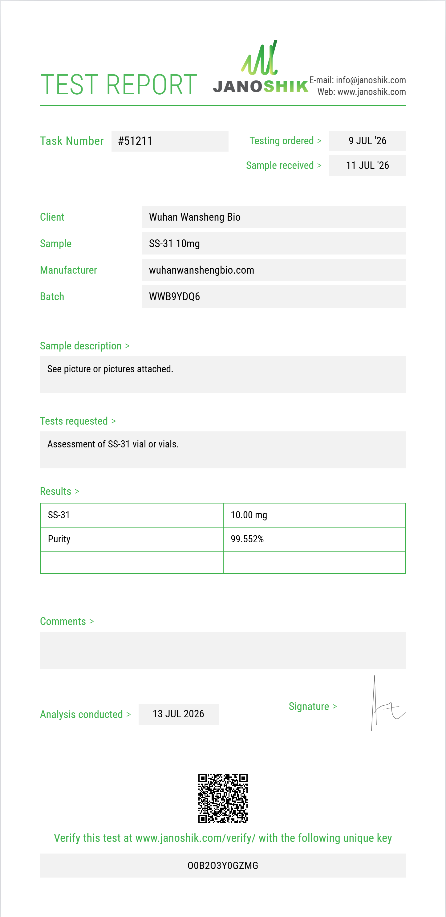 SS-31 Purity (HPLC) report by Janoshik Analytical
