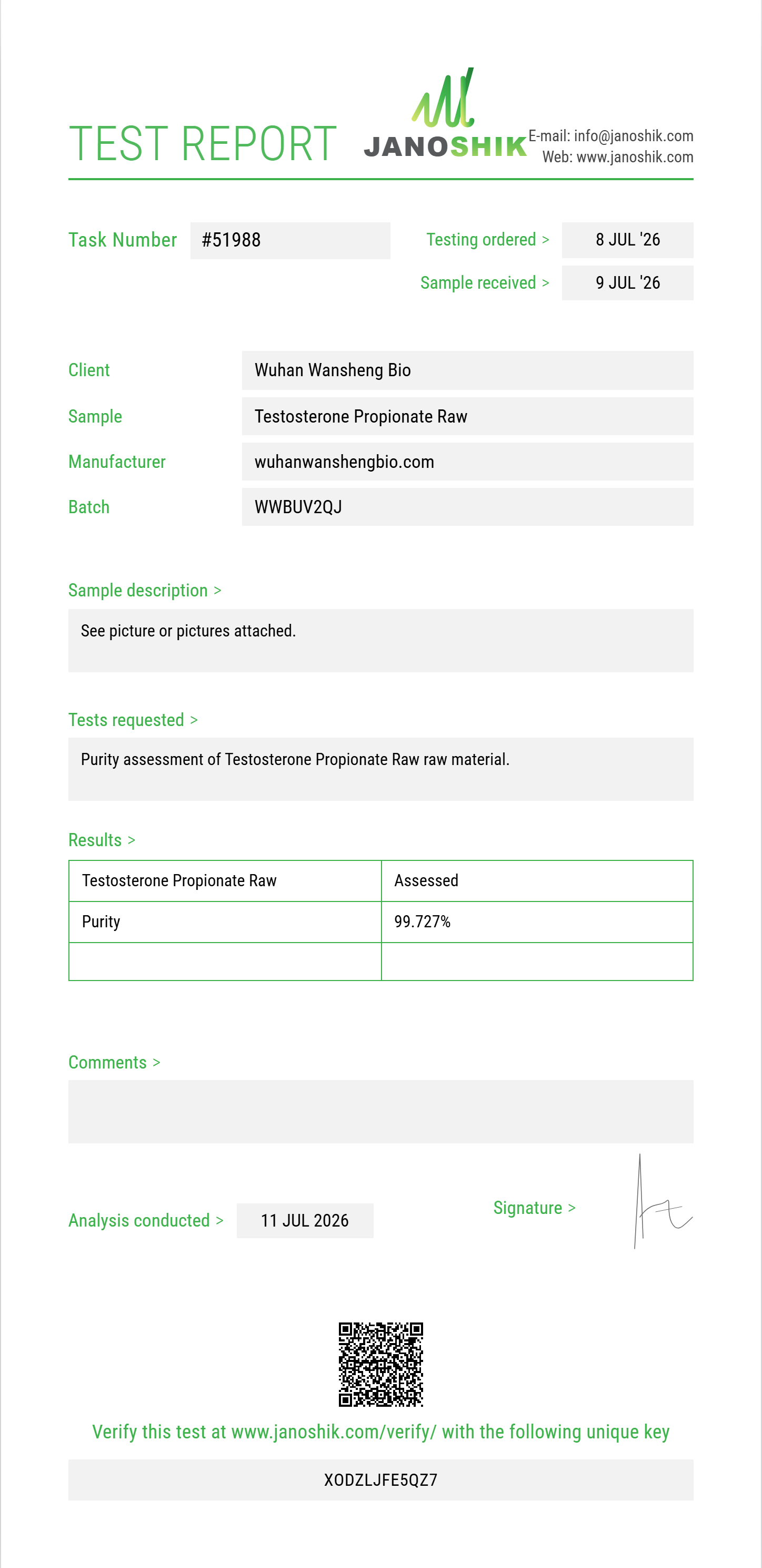 Testosterone Propionate Raw Purity (HPLC) report by Janoshik Analytical