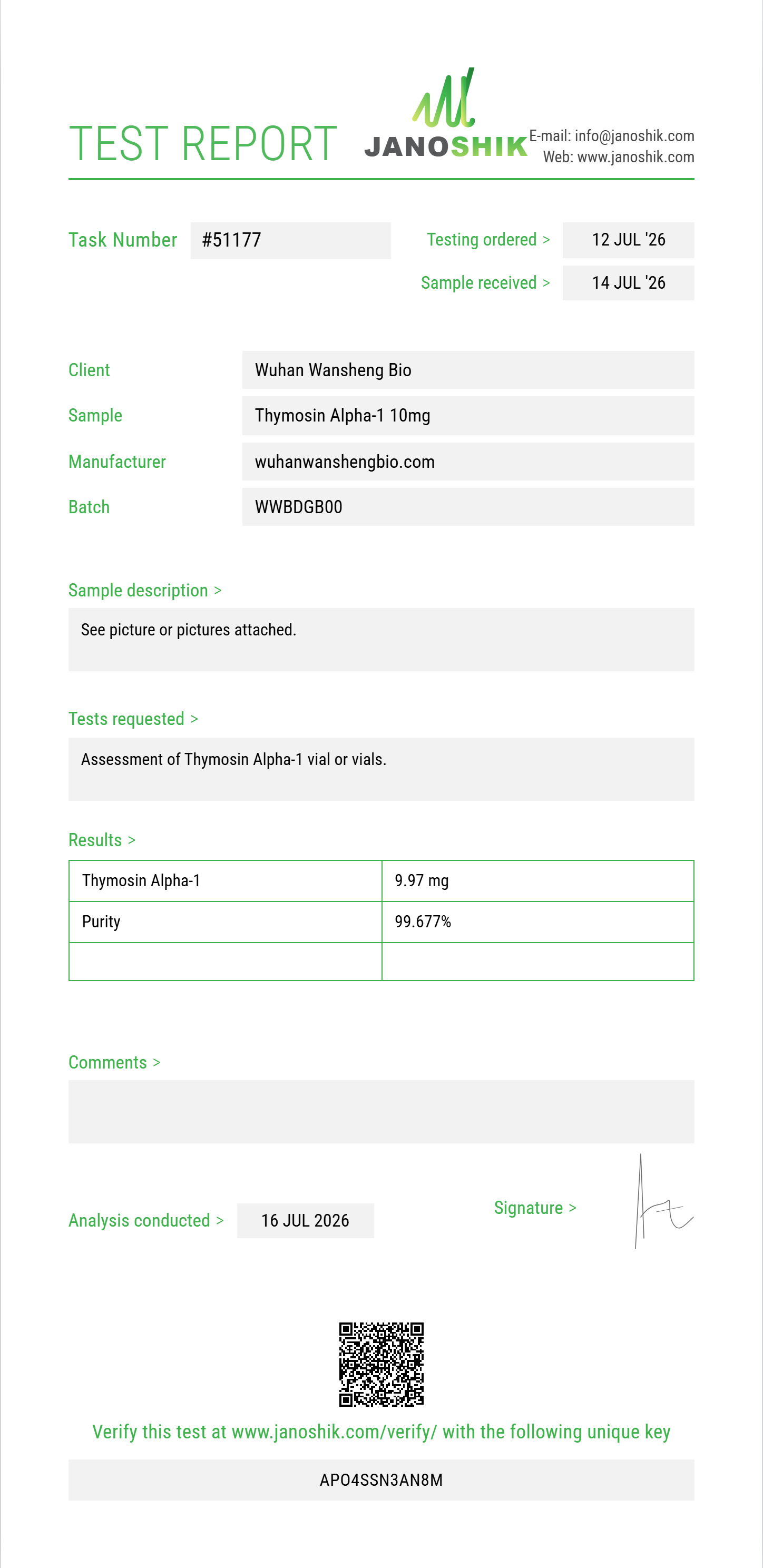 Thymosin Alpha-1 Purity (HPLC) report by Janoshik Analytical
