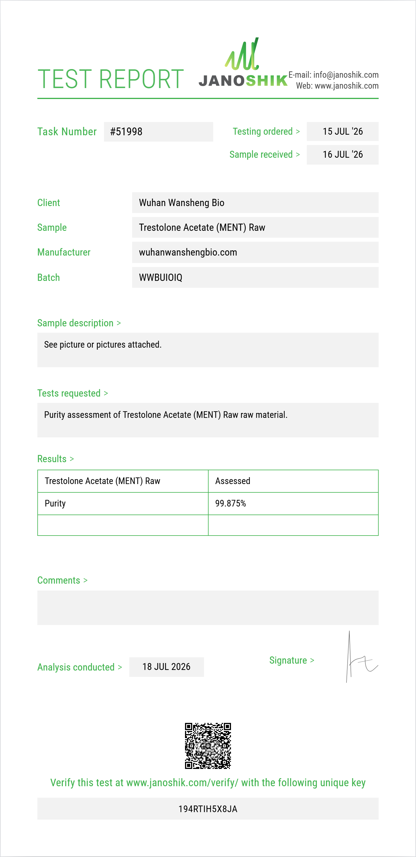 Trestolone Acetate (MENT) Raw Purity (HPLC) report by Janoshik Analytical