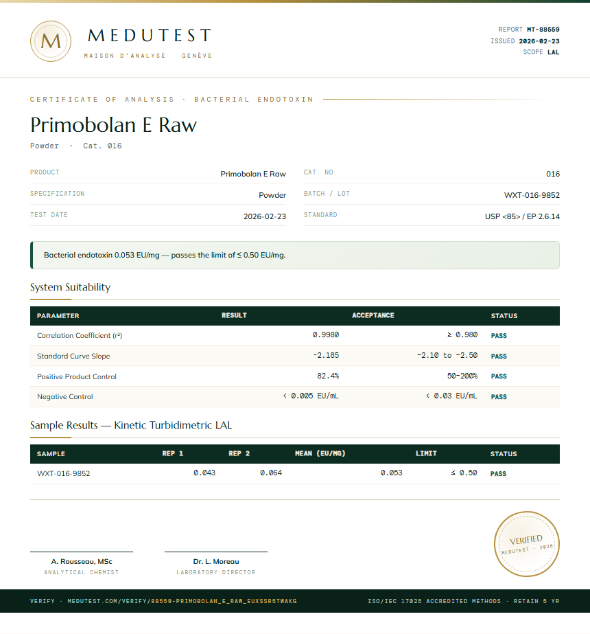 Primobolan E Raw Endotoxin report by Medutest
