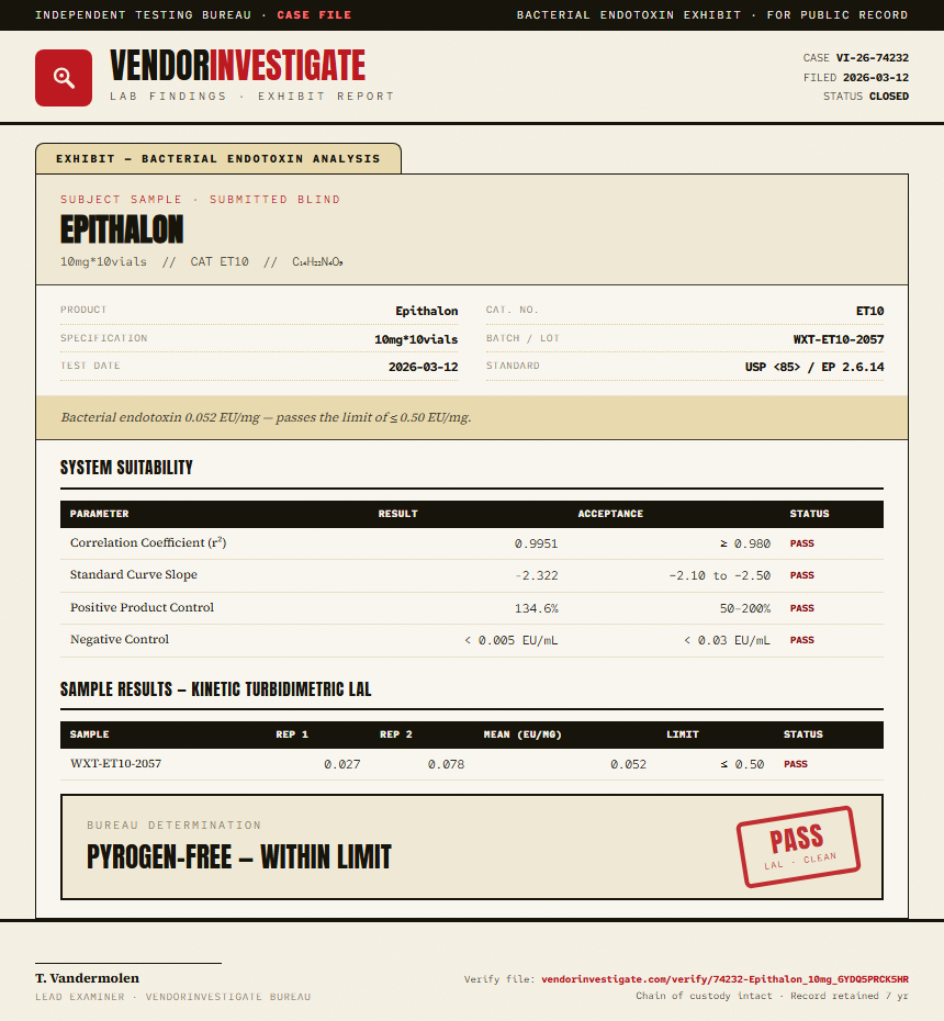 Epithalon Endotoxin report by VendorInvestigate